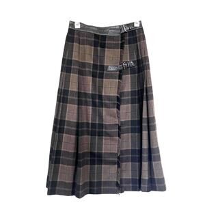 Escada Brown Black Plaid Wool Pleated Leather Belt Midi Kilt Skirt Size 38/ M